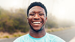 Smile, fitness and runner with portrait of black man in nature for workout, cardio challenge and health. Running practice, happy and wellness with person outdoor for training, commitment and sport