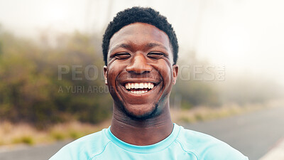 Buy stock photo Smile, fitness and runner with portrait of black man in nature for workout, cardio challenge and health. Laughing, happiness and wellness with person outdoor for training, commitment and sport