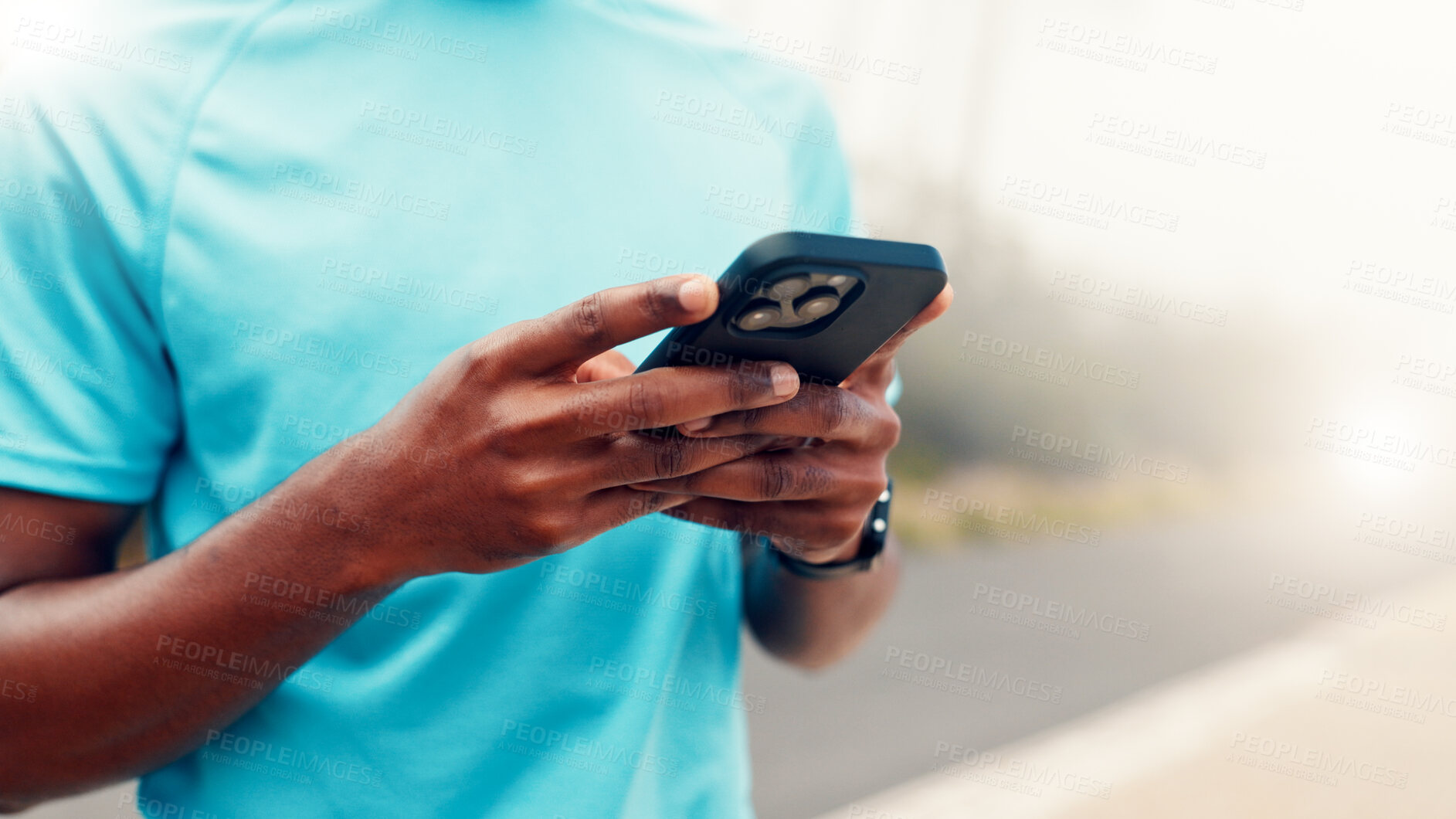 Buy stock photo Runner, phone and hands of man in nature for fitness tracker, performance app and health stats. Running progress, online training schedule and wellness with person. outdoor for contact and space