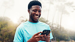 Runner, phone and laugh with black man in nature for fitness tracker, performance app and health stats. Running progress, online training schedule and meme with person. outdoor for contact and joke