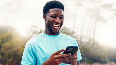 Buy stock photo Runner, phone and laugh with black man in nature for fitness tracker, performance app and health stats. Exercise progress, online training schedule and meme with person. outdoor for contact and joke