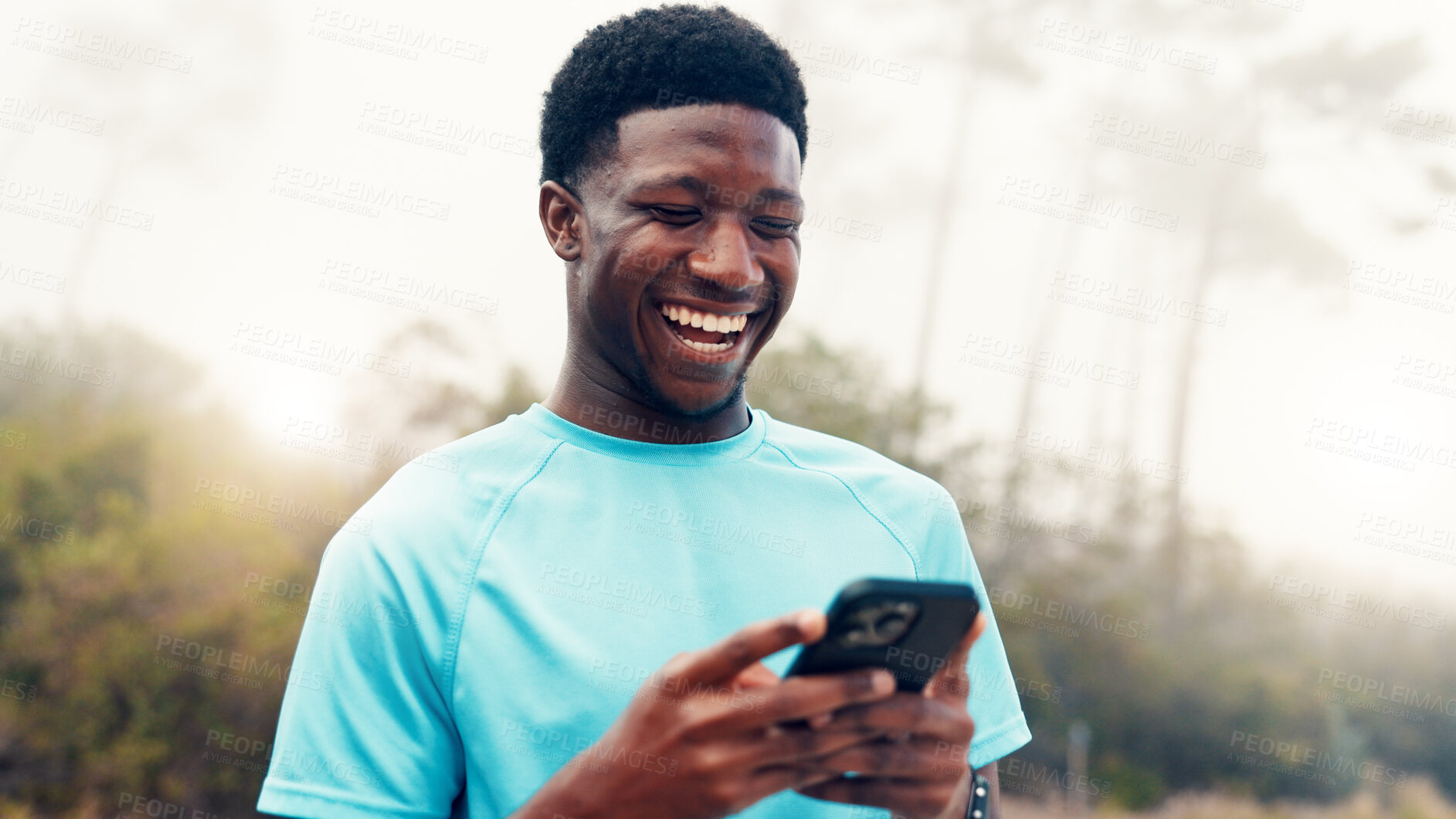 Buy stock photo Runner, phone and laugh with black man in nature for fitness tracker, performance app and health stats. Exercise progress, online training schedule and meme with person. outdoor for contact and joke