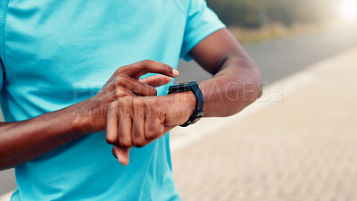 Buy stock photo Hands, smart watch and timer for runner in summer, click and check map for direction in morning. Person, exercise and iot clock with stopwatch on application for fitness, heart rate and wellness