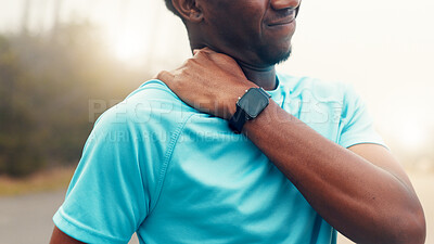 Buy stock photo Fitness, hands and man with shoulder pain outdoor for workout accident, repetitive strain or ache. Injury, athlete and muscle tension in nature for exercise mistake, joint inflammation and discomfort