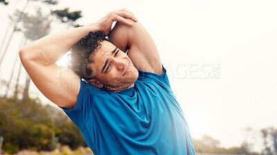 Buy stock photo Stretching, runner and fitness with man in nature for workout, health and cardio challenge. Exercise routine, wellness and muscle warm up with person outdoor for running practice, sports and space