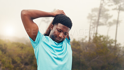 Buy stock photo Stretching, runner and health with black man in nature for workout, fitness and cardio challenge. Exercise routine, wellness and muscle warm up with person outdoor for running practice and sports