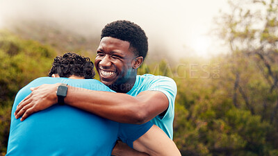 Buy stock photo Hug, runner and team with men outdoor for workout partner,  fitness and support together. Exercise club, running achievement and training progress with friends in nature for  sports and bonding