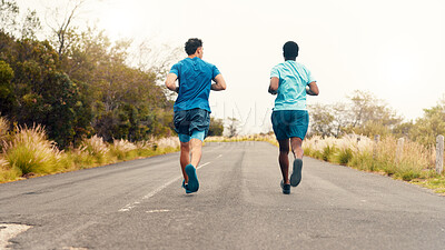 Buy stock photo Team, runner and back with men in nature for workout, performance and cardio challenge. Exercise partner, wellness and fitness training with friends outdoor for running practice, sports and stamina
