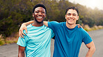 Team, runner and portrait with men in nature for workout, performance and cardio challenge. Exercise partner, wellness and training with friends outdoor for running practice, sports and stamina