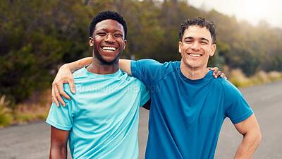 Buy stock photo Team, runner and portrait with men in nature for workout, performance and cardio challenge. Exercise partner, wellness and training with friends outdoor for fitness practice, sports and stamina