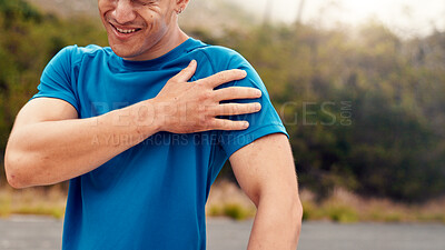 Buy stock photo Fitness, hands and man with shoulder pain in nature for workout accident, repetitive strain or ache. Injury, athlete and muscle tension outdoor for exercise mistake, joint inflammation and discomfort