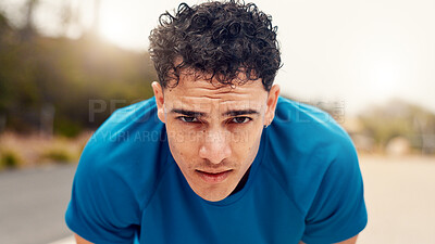 Buy stock photo Breathing, portrait and fitness with man in nature for workout fatigue, running performance and health. Intense exercise, sweating and training break with person for cardio, challenge and tired