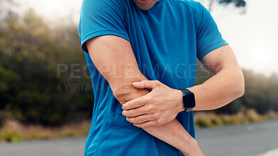 Buy stock photo Fitness, hands or person with elbow pain outdoor for sports injury, workout mistake or discomfort. Athlete, ache or joint strain in nature with nerve compression, muscle tension and exercise fracture