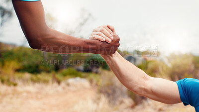 Buy stock photo Help, runner and team with hands of men outdoor for workout partner, fitness and support together. Exercise club, assistance and training aide with friends in nature for sports, synergy and health