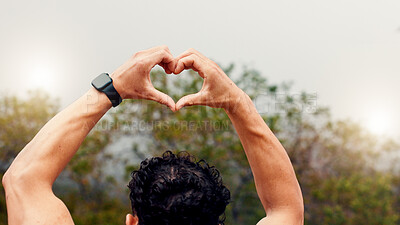 Buy stock photo Hiking, heart hands and man in forest, back and fitness for wellness, workout progress and sign. Hiker, nature and person in woods, exercise and symbol for cardio health and love emoji for training