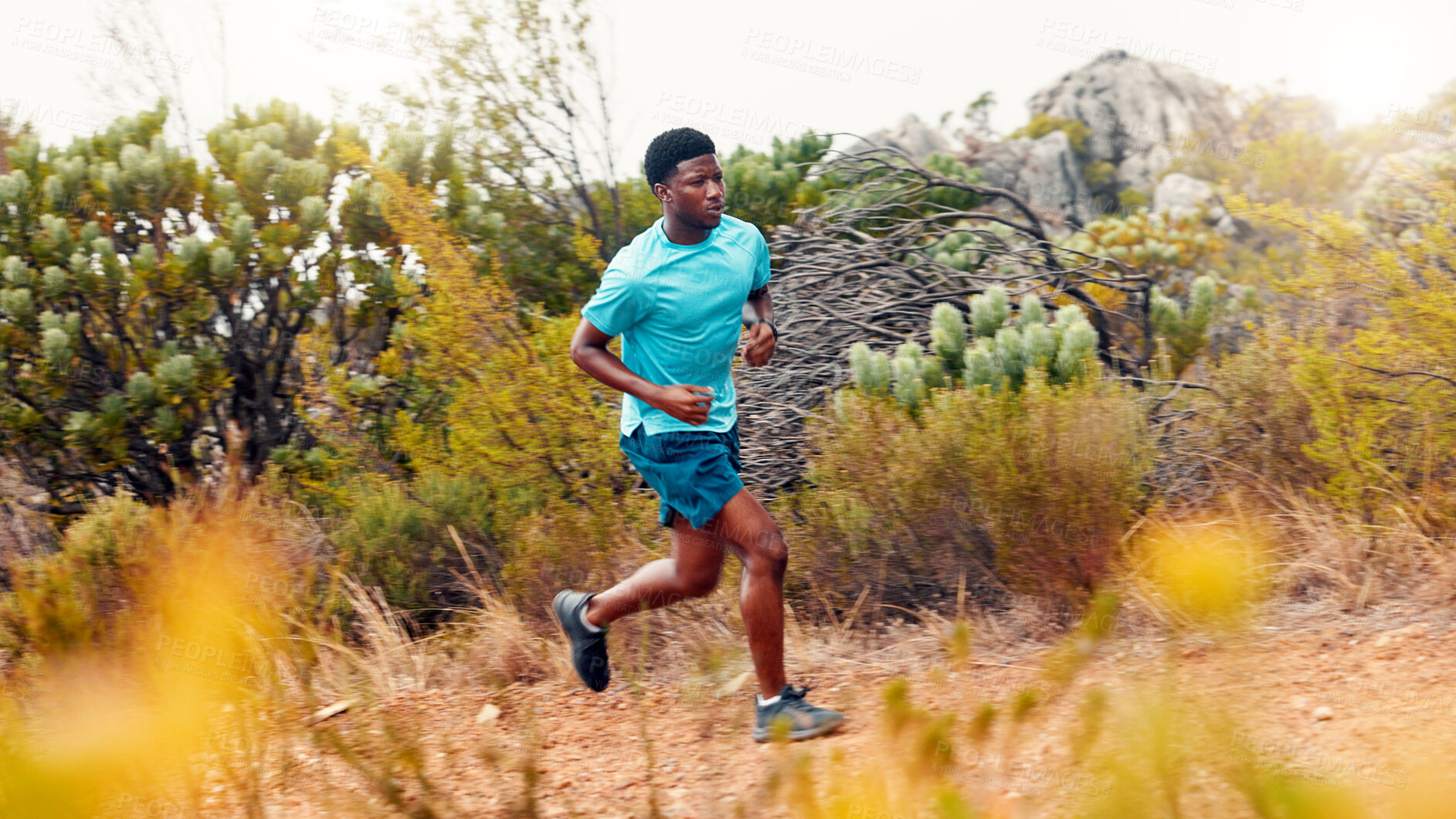 Buy stock photo Trail, runner and fitness with black man in nature for workout, performance and cardio challenge. Exercise routine, wellness and training with person outdoor for running practice, sports and stamina