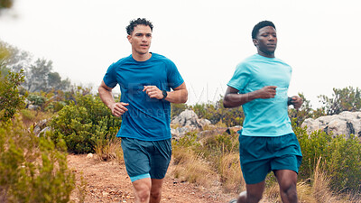 Buy stock photo Team, runner and race with men in nature for workout, performance and cardio challenge. Exercise partner, wellness and fitness training with friends outdoor for running practice, sports and stamina