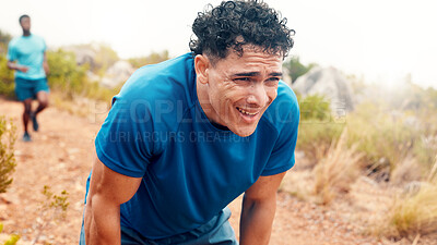 Buy stock photo Tired, sweating and fitness with man in nature for workout fatigue, running performance and health. Intense exercise, wellness and training break with person for cardio challenge and breathing 