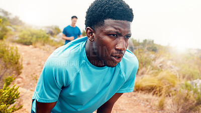 Buy stock photo Tired, breathing and fitness with man in nature for workout fatigue, running performance and health. Intense exercise, wellness and training break with person for cardio challenge and sweating