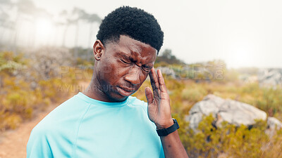 Buy stock photo Athlete, fitness and man with headache in nature from intense workout, dehydration or discomfort. Runner, pain and black person with migraine outdoor from mental fatigue, overworked and sore temples