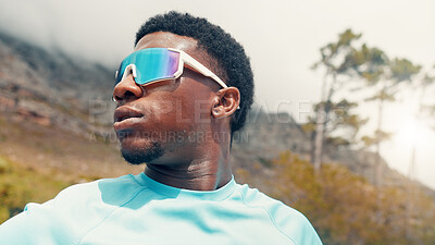 Buy stock photo Thinking, outdoor and black man with exercise, sunglasses for uv protection and challenge. Nature, reflection or person with shield eyewear, polarized lenses or workout for health benefits or fitness