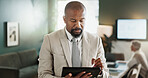 Man, writing and tablet at office with notes for proposal, review or checklist at real estate company. Mature person, tech and realtor with application, insight and feedback for property development