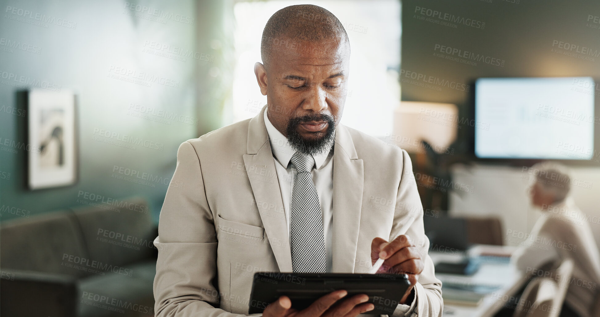 Buy stock photo Man, writing and tablet at office with notes for proposal, review or checklist at real estate company. Mature person, tech and realtor with application, insight and feedback for property development