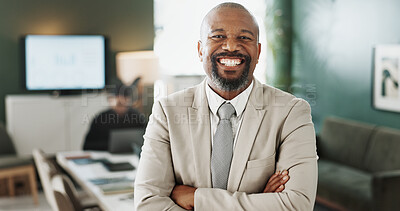 Buy stock photo Arms crossed, portrait and smile of business man in office for management of financial company. Confidence, development and finance with mature person in corporate workplace for investment banking
