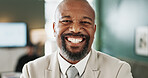 Portrait, business and happy black man in office as corporate lawyer, about us and career experience. Smile, mature professional and confident attorney, legal expert and consultant for justice