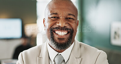 Buy stock photo Portrait, business and happy black man in office as corporate lawyer, about us and career experience. Smile, mature professional and confident attorney, legal expert and consultant for justice