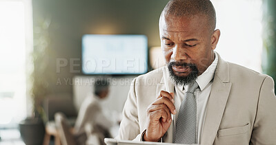 Buy stock photo Serious, businessman and ideas with tablet, office and wealth management for investment opportunity. Financial advisor, online and mature person with tech for risk assessment, reading and reflection