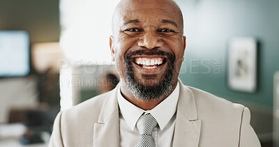 Buy stock photo Portrait, businessman and smile in office with pride, accounting experience and career development. Mature, black person and corporate accountant in workplace with finance job, about us and growth.
