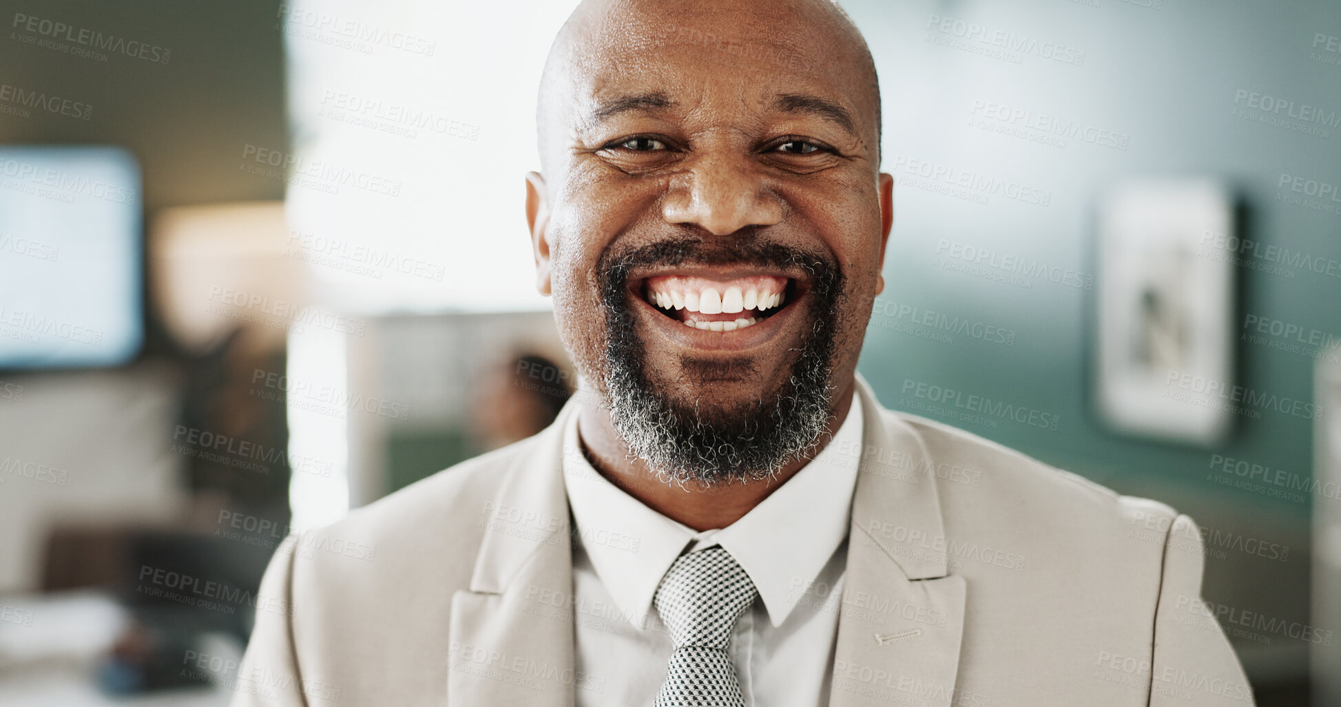 Buy stock photo Portrait, businessman and smile in office with pride, accounting experience and career development. Mature, black person and corporate accountant in workplace with finance job, about us and growth.