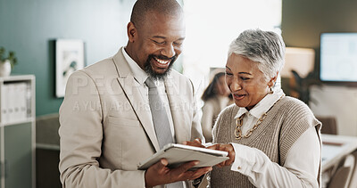 Buy stock photo Tablet, talking and team with business people in office for finance feedback or management. App, collaboration and conversation with mature employees in financial workplace for discussion or review