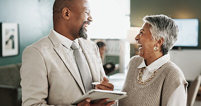 Buy stock photo Laughing, business people and research with tablet, office and team with smile or wealth management. Happy, mature colleagues and financial advisor with tech for investment, online and collaboration