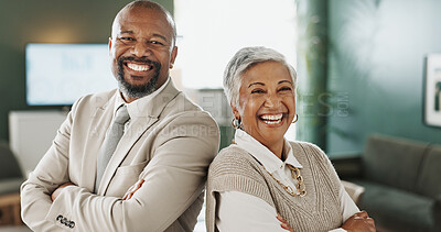 Buy stock photo Portrait, arms crossed and people in office, publishing industry and teamwork for startup. Creative agency, man and mature woman in workplace, smile and cooperation for project and magazine editor