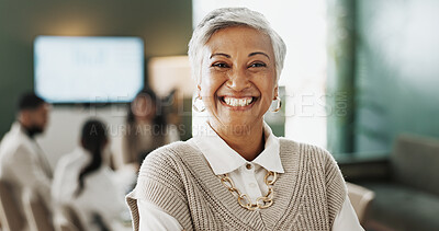 Buy stock photo Leadership, portrait and smile of business woman in office for management of financial company. Confidence, finance and happy with mature person in corporate workplace for investment banking