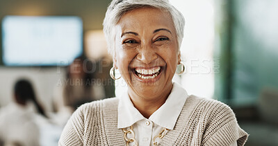 Buy stock photo Realtor, portrait or woman in office with meeting, career pride or ambition as property seller. Happy, job or mature real estate agent with confidence, about us or experience in housing market.