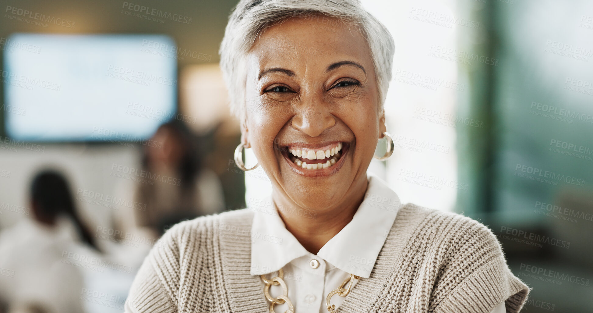 Buy stock photo Realtor, portrait or woman in office with meeting, career pride or ambition as property seller. Happy, job or mature real estate agent with confidence, about us or experience in housing market.