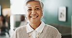 Realtor, portrait or woman in office with smile, career pride or ambition as property seller. Happy, job or mature real estate agent with confidence, about us or experience in housing industry.