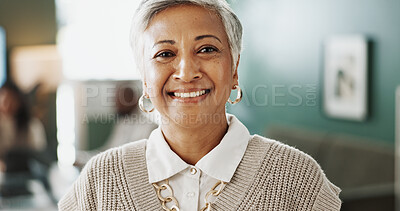 Buy stock photo Realtor, portrait or woman in office with smile, career pride or ambition as property seller. Happy, job or mature real estate agent with confidence, about us or experience in housing industry.