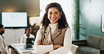 Meeting, portrait or woman in boardroom with arms crossed, career pride or ambition as realtor. Happy, job or real estate agent in workplace with confidence, about us or experience in housing market.