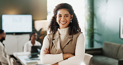 Buy stock photo Meeting, portrait or woman in boardroom with arms crossed, career pride or ambition as realtor. Happy, job or real estate agent in workplace with confidence, about us or experience in housing market.