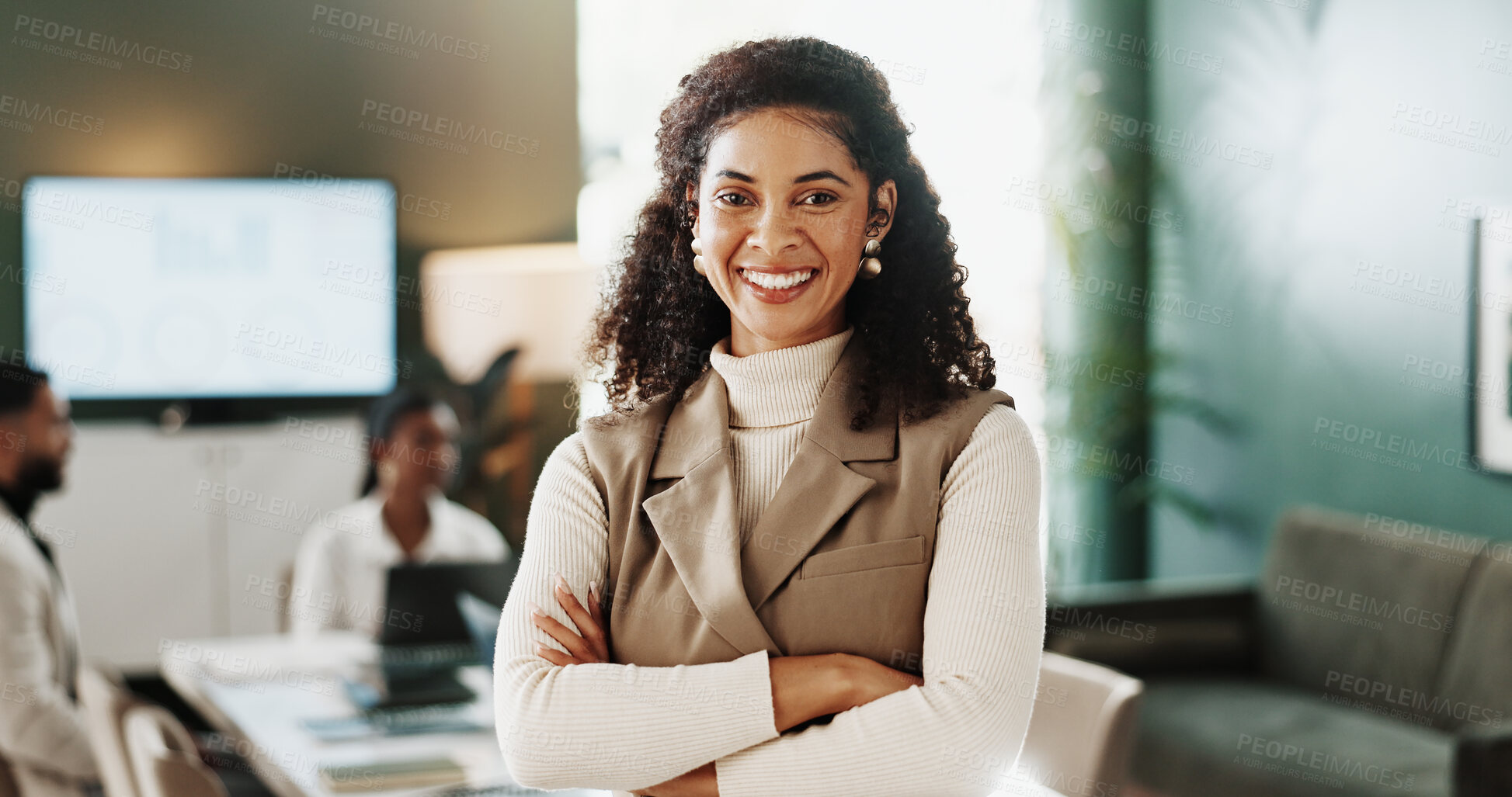 Buy stock photo Meeting, portrait or woman in boardroom with arms crossed, career pride or ambition as realtor. Happy, job or real estate agent in workplace with confidence, about us or experience in housing market.