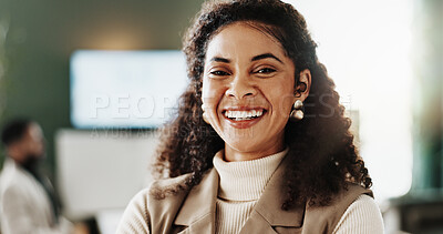 Buy stock photo Meeting, portrait or woman in boardroom with laugh, career pride or ambition as property seller. Happy, job or real estate director in agency with confidence, about us or experience in housing market