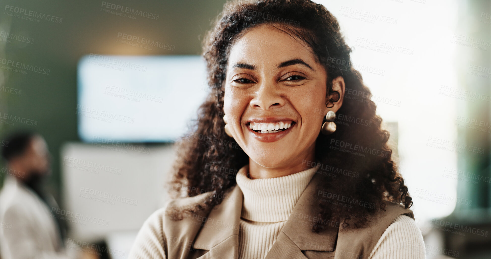 Buy stock photo Meeting, portrait or woman in boardroom with laugh, career pride or ambition as property seller. Happy, job or real estate director in agency with confidence, about us or experience in housing market