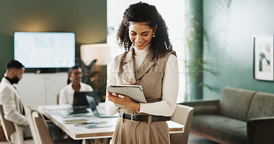 Buy stock photo Online, writing and businesswoman with tablet, office and risk assessment for investment opportunity. Happy, financial advisor and mature person with stylus for wealth management, reading and project
