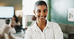 Woman, smile and portrait in office at agency with pride, confidence and job at interior design company. People, happy and designer in boardroom at meeting, career and renovation project at workplace
