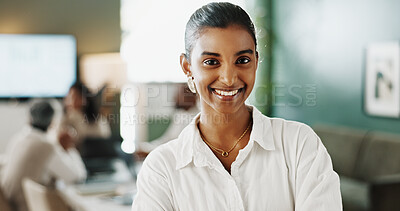 Buy stock photo Woman, smile and portrait in office at agency with pride, confidence and job at interior design company. People, happy and designer in boardroom at meeting, career and renovation project at workplace