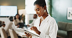 Business woman, reading and tablet for schedule, planning and project management in office. Coworking, female person and brainstorming with tech for company event, agenda ideas or tasks proposal